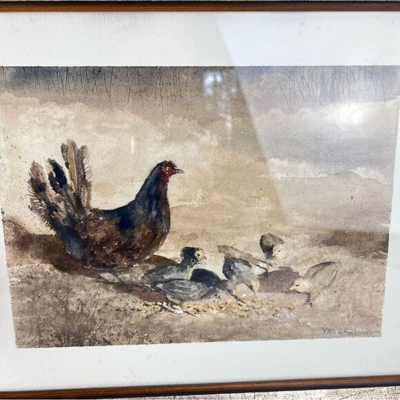 DENNIS T. YATES WATERCOLOR ON PAPER CHICKEN WITH CHICKS PAINTING - Picture 3 of 10
